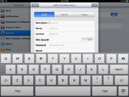 Set up of a VPN connection in iPad
